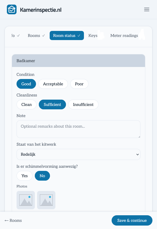 Recording the state of rooms via the step-by-step flow in Kamerinspectie